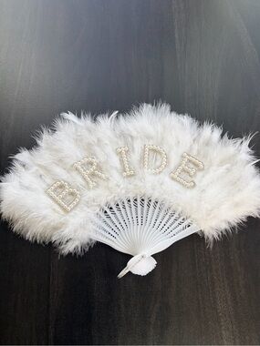 Bride Pearl Feather Hand Fan - White